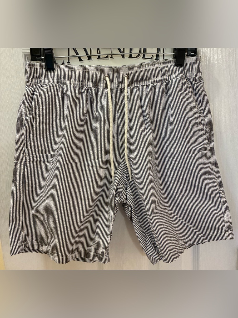 J. Crew Men’s Navy & White Seersucker Drawstring Swim Trunks